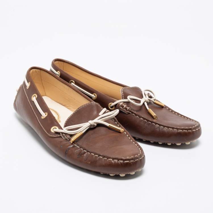 Pre Owned Tod's Brown Leather Bow Slip On Loafers Size 38.5
