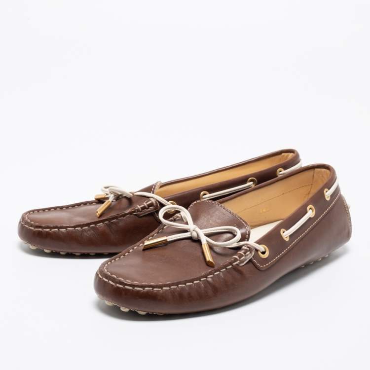 Pre Owned Tod's Brown Leather Bow Slip On Loafers Size 38.5
