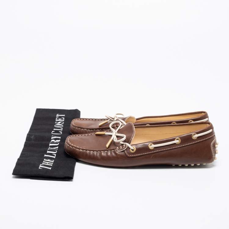 Pre Owned Tod's Brown Leather Bow Slip On Loafers Size 38.5
