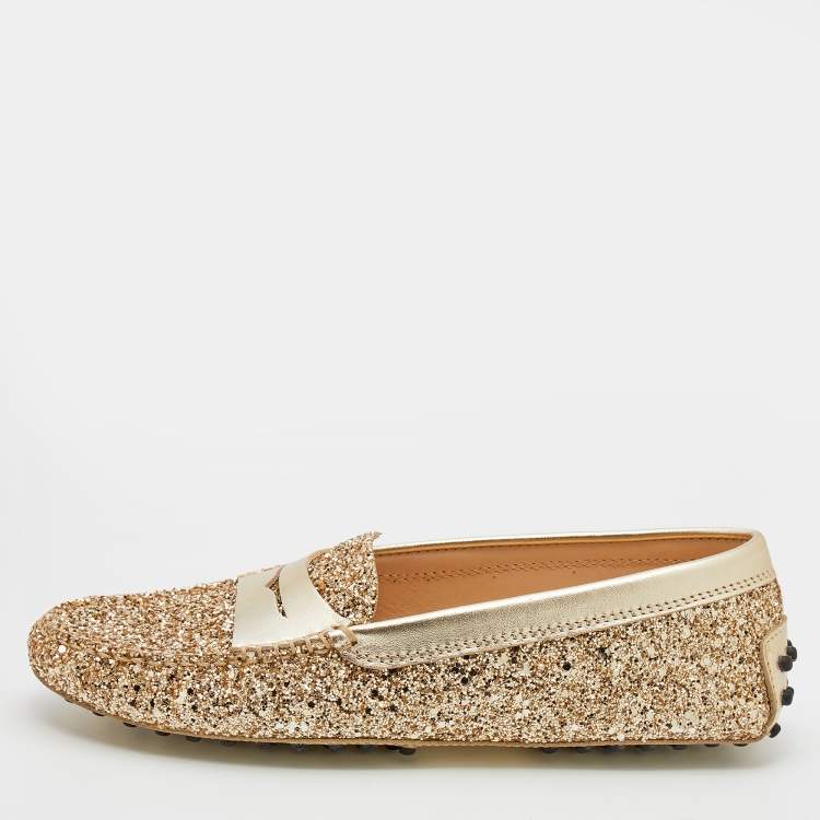 Pre Owned Tod's Metallic Gold Glitter And Leather Penny Slip On Loafers Size 37