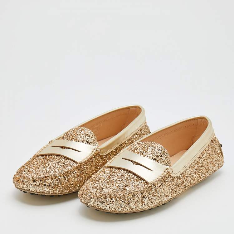 Pre Owned Tod's Metallic Gold Glitter And Leather Penny Slip On Loafers Size 37
