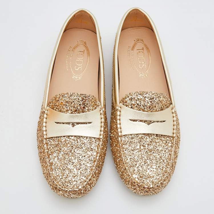 Pre Owned Tod's Metallic Gold Glitter And Leather Penny Slip On Loafers Size 37