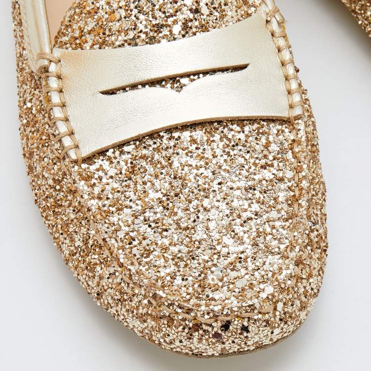 Pre Owned Tod's Metallic Gold Glitter And Leather Penny Slip On Loafers Size 37