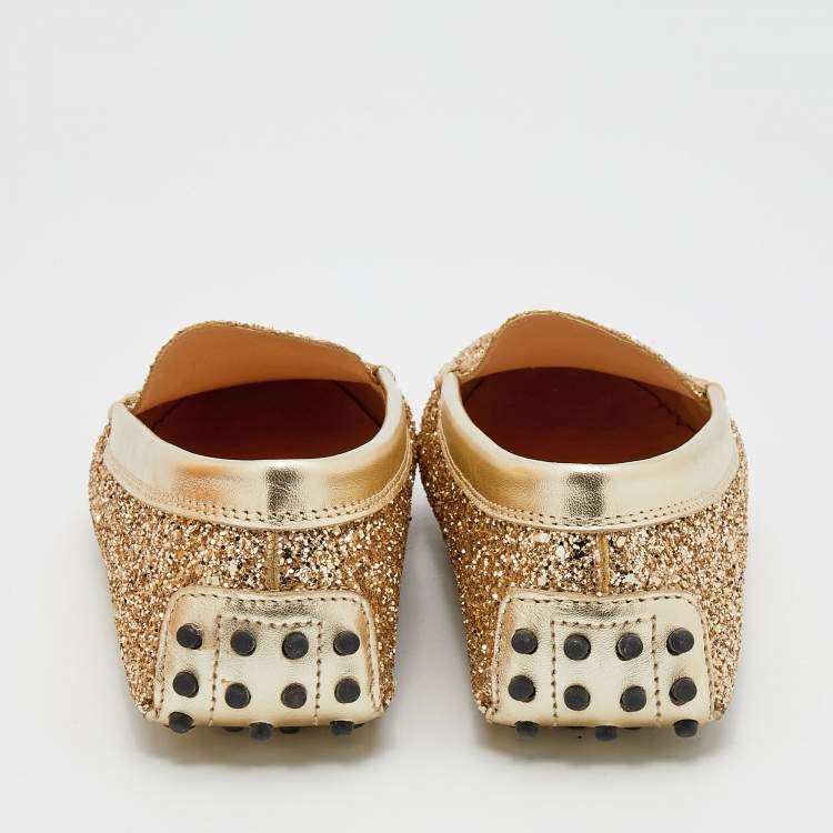 Pre Owned Tod's Metallic Gold Glitter And Leather Penny Slip On Loafers Size 37