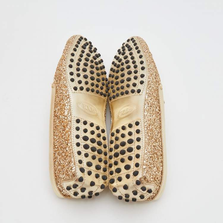 Pre Owned Tod's Metallic Gold Glitter And Leather Penny Slip On Loafers Size 37