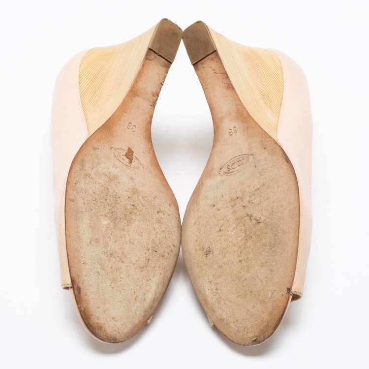 Pre Owned Tod's Beige Leather Open Toe Wedge Pumps Size 38
