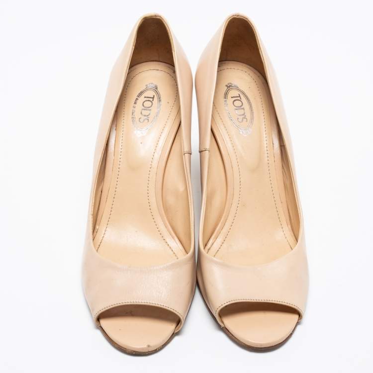 Pre Owned Tod's Beige Leather Open Toe Wedge Pumps Size 38