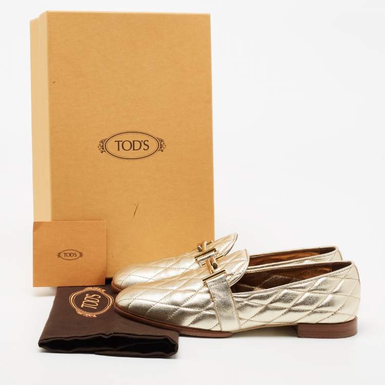مملوكة مسبقًا Tod's Metallic Gold Quilted Leather Double T Loafers Size 37