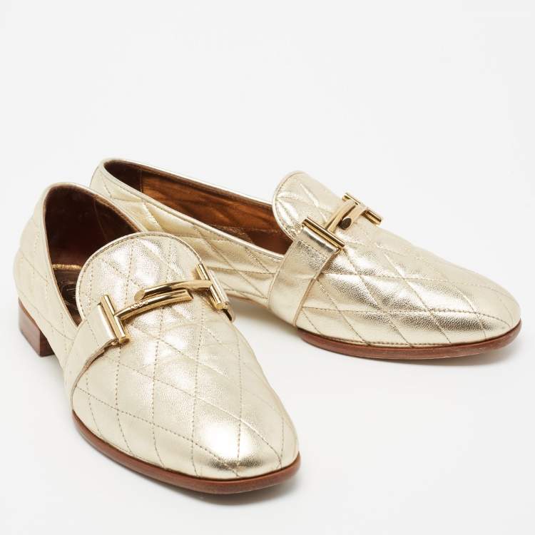 مملوكة مسبقًا Tod's Metallic Gold Quilted Leather Double T Loafers Size 37