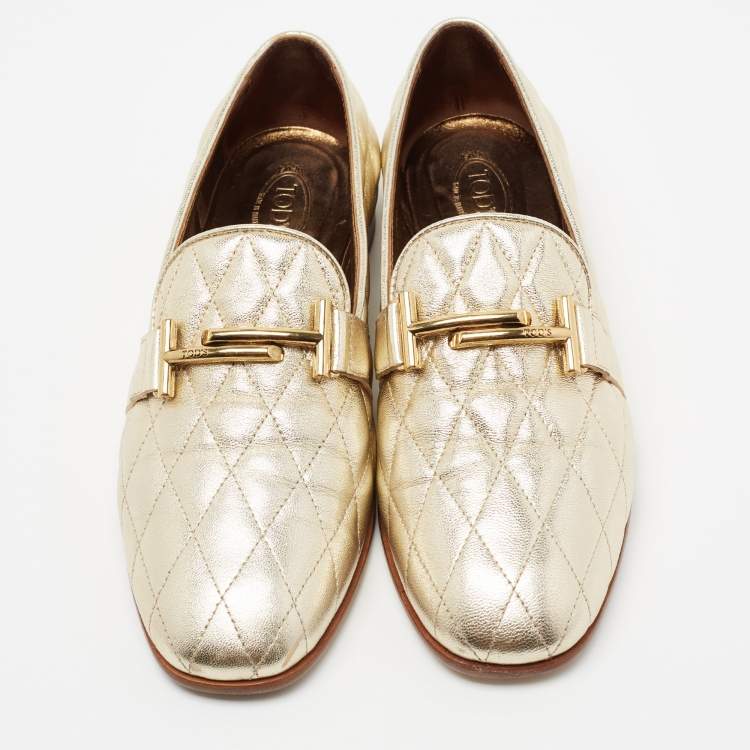 مملوكة مسبقًا Tod's Metallic Gold Quilted Leather Double T Loafers Size 37