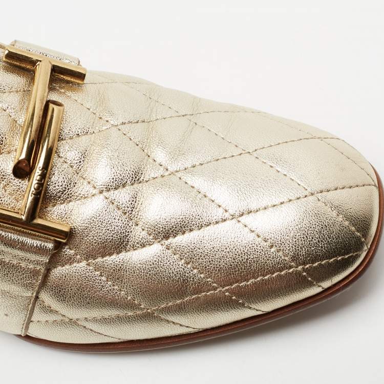 مملوكة مسبقًا Tod's Metallic Gold Quilted Leather Double T Loafers Size 37