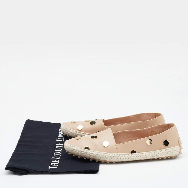 Pre Owned Tod's Beige Leather Embellished Flat Espadrille Loafer Size 38.5