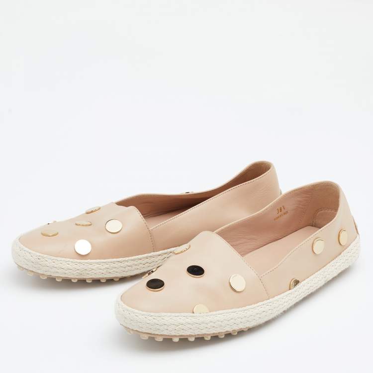 Pre Owned Tod's Beige Leather Embellished Flat Espadrille Loafer Size 38.5
