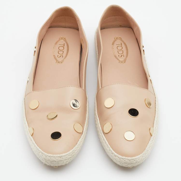 Pre Owned Tod's Beige Leather Embellished Flat Espadrille Loafer Size 38.5