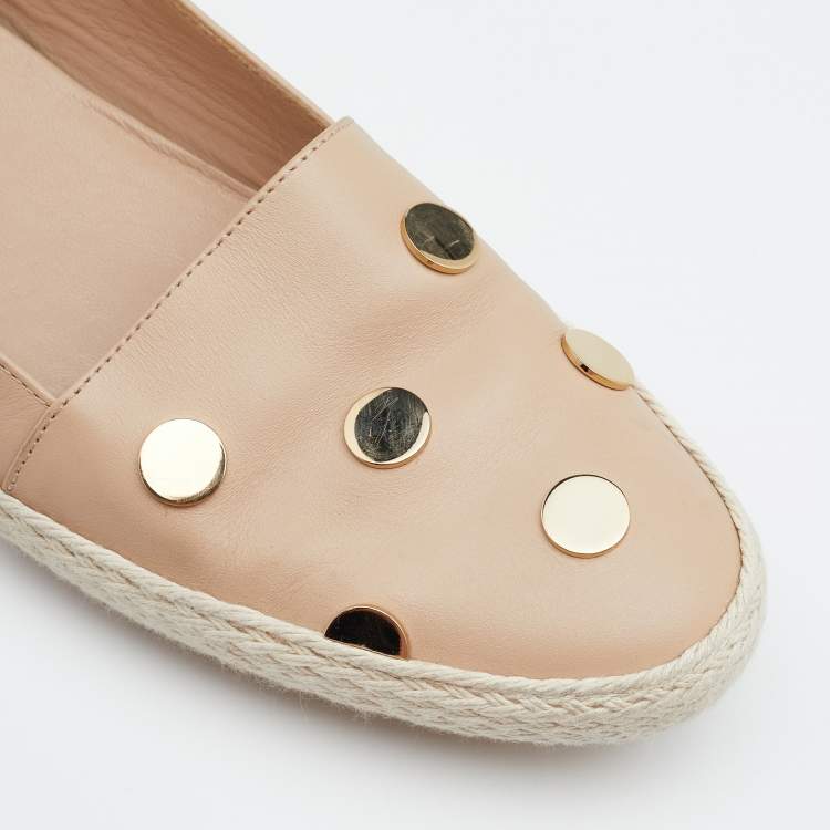 Pre Owned Tod's Beige Leather Embellished Flat Espadrille Loafer Size 38.5
