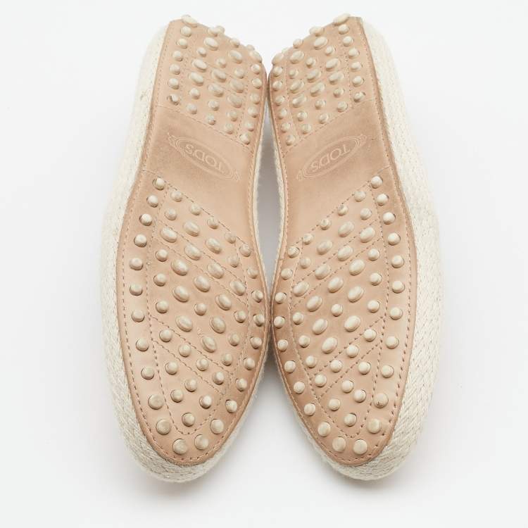 Pre Owned Tod's Beige Leather Embellished Flat Espadrille Loafer Size 38.5