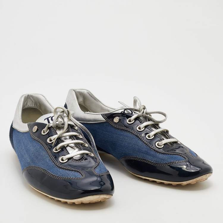 Pre Owned Tod's Blue/Silver Denim And Leather Low Top Sneakers Size 38