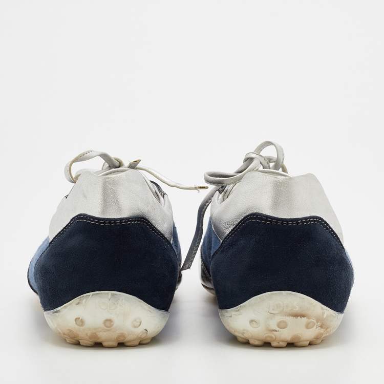 Pre Owned Tod's Blue/Silver Denim And Leather Low Top Sneakers Size 38
