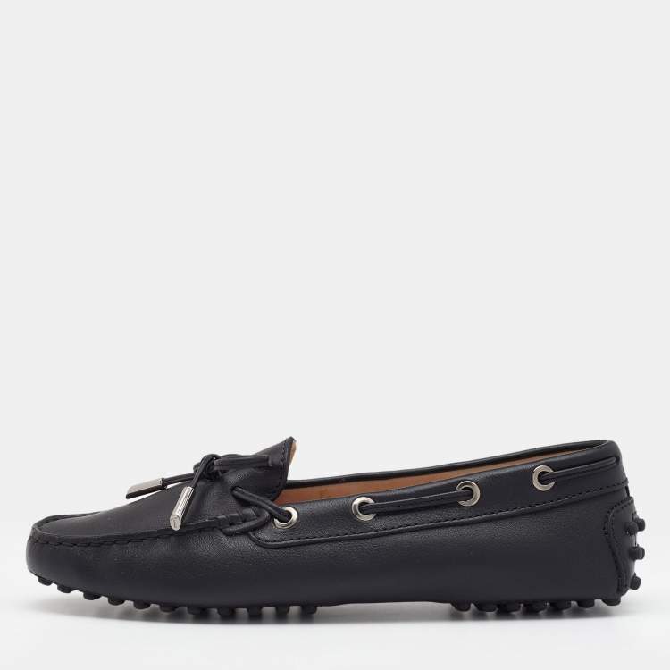 Pre Owned Tod's Black Leather Bow Slip On Loafers Size 36