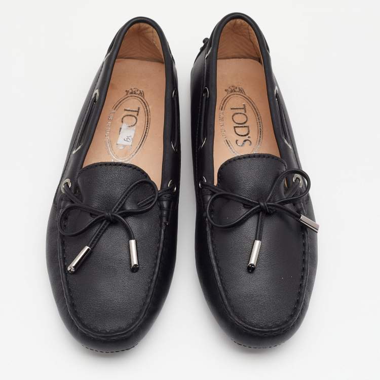 Pre Owned Tod's Black Leather Bow Slip On Loafers Size 36