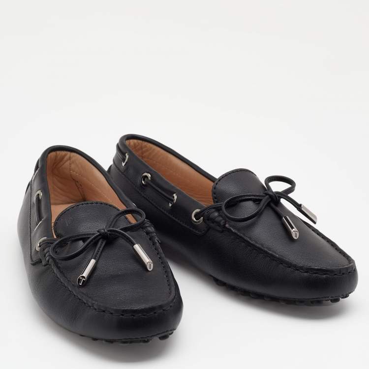 Pre Owned Tod's Black Leather Bow Slip On Loafers Size 36