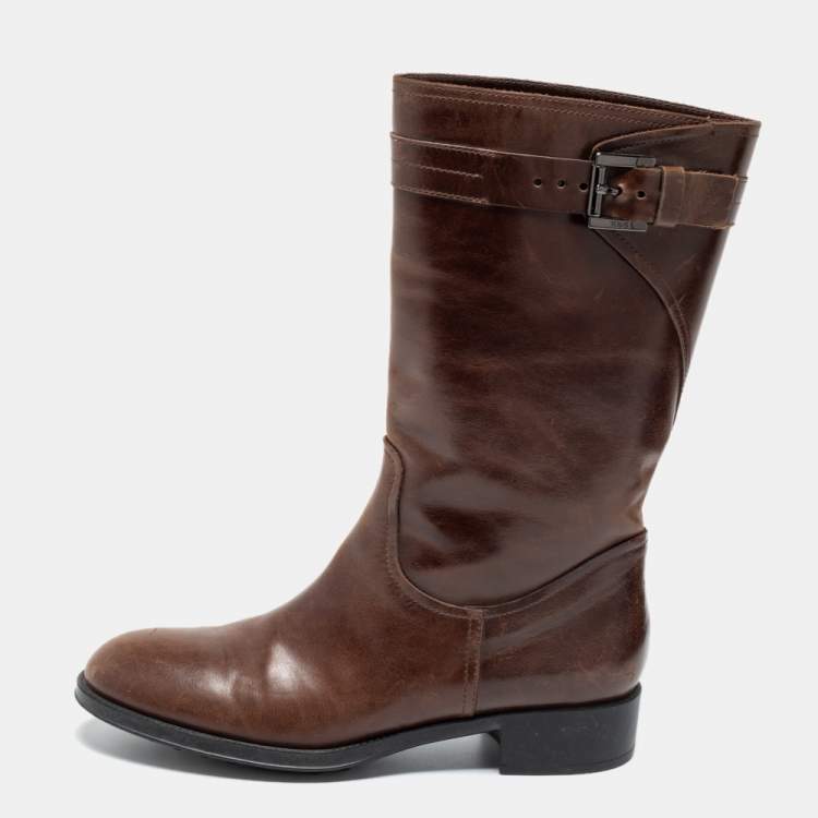 مملوكة مسبقًا Tod's Brown Leather Mid Calf Buckle Detail Biker Boots Size 38
