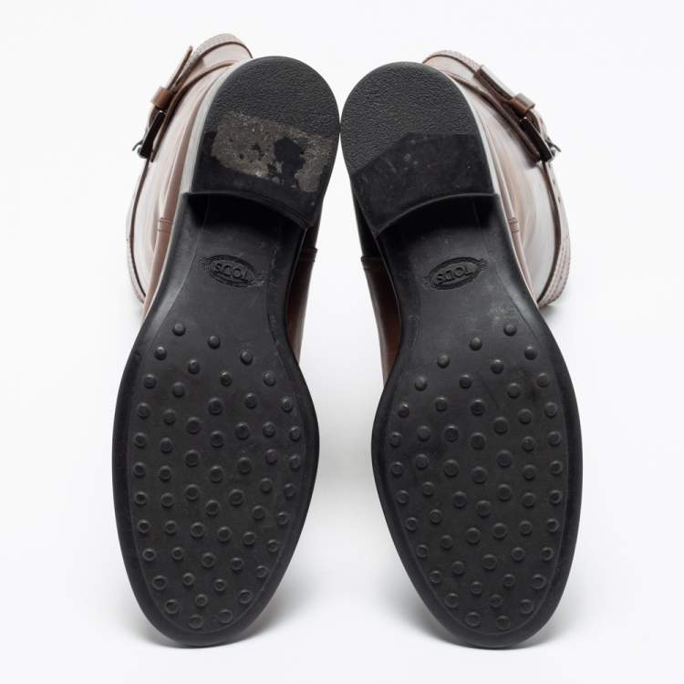 مملوكة مسبقًا Tod's Brown Leather Mid Calf Buckle Detail Biker Boots Size 38
