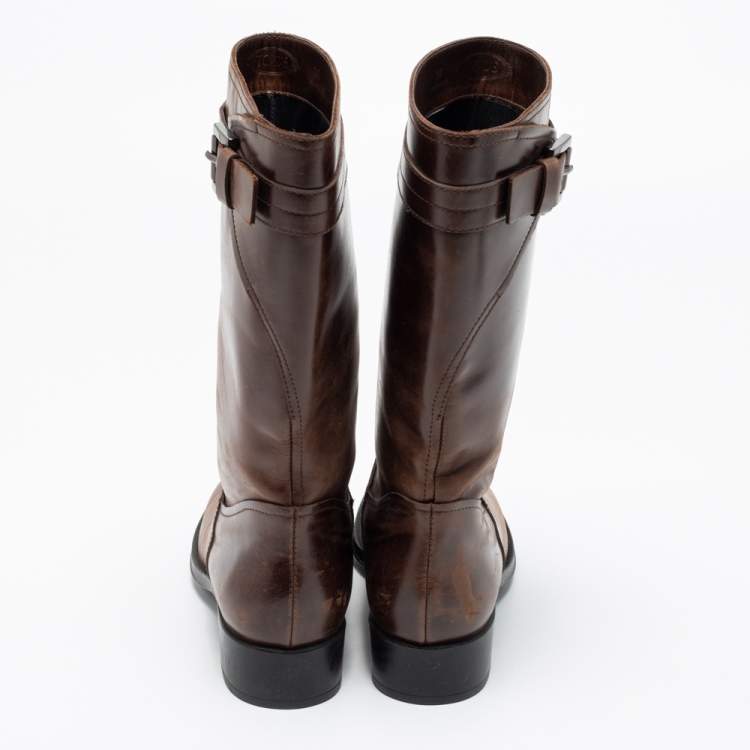 مملوكة مسبقًا Tod's Brown Leather Mid Calf Buckle Detail Biker Boots Size 38