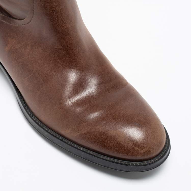 مملوكة مسبقًا Tod's Brown Leather Mid Calf Buckle Detail Biker Boots Size 38
