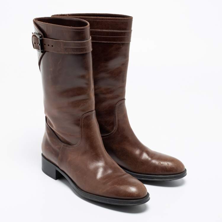 مملوكة مسبقًا Tod's Brown Leather Mid Calf Buckle Detail Biker Boots Size 38