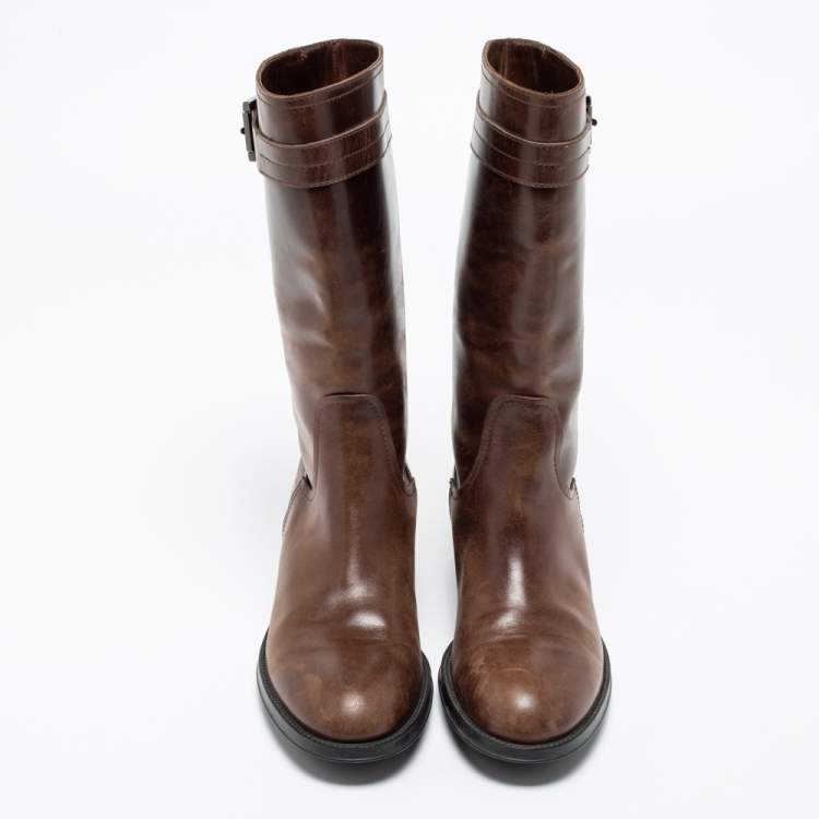 مملوكة مسبقًا Tod's Brown Leather Mid Calf Buckle Detail Biker Boots Size 38
