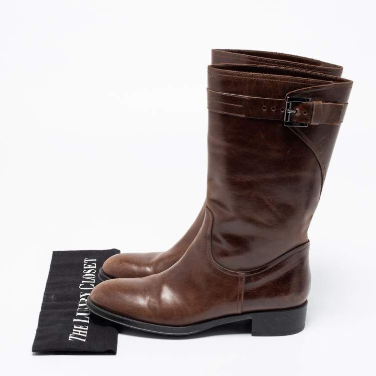 مملوكة مسبقًا Tod's Brown Leather Mid Calf Buckle Detail Biker Boots Size 38