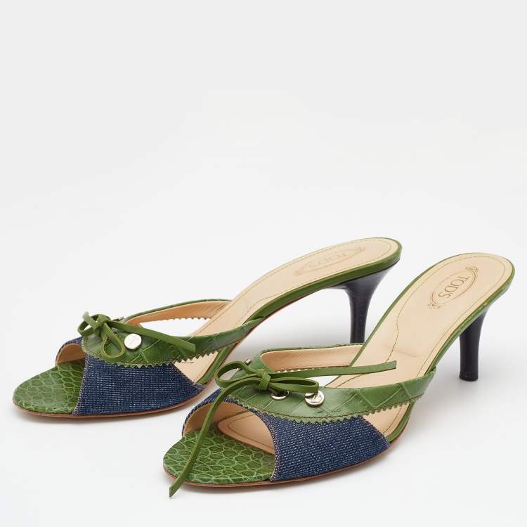 Pre Owned Tod's Green/Blue Croc Embossed Leather and Denim Bow Slide Sandals Size 40