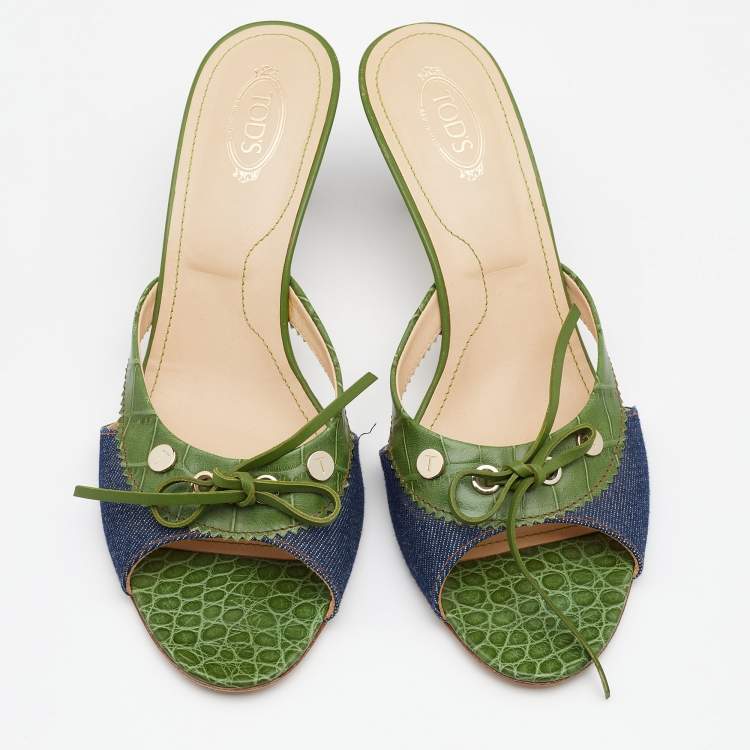 Pre Owned Tod's Green/Blue Croc Embossed Leather and Denim Bow Slide Sandals Size 40