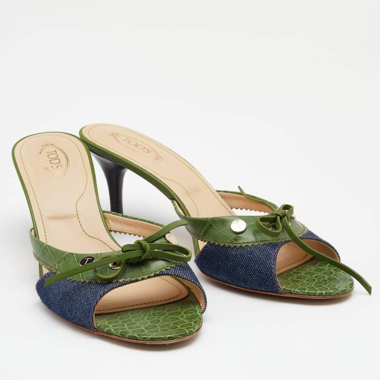 Pre Owned Tod's Green/Blue Croc Embossed Leather and Denim Bow Slide Sandals Size 40