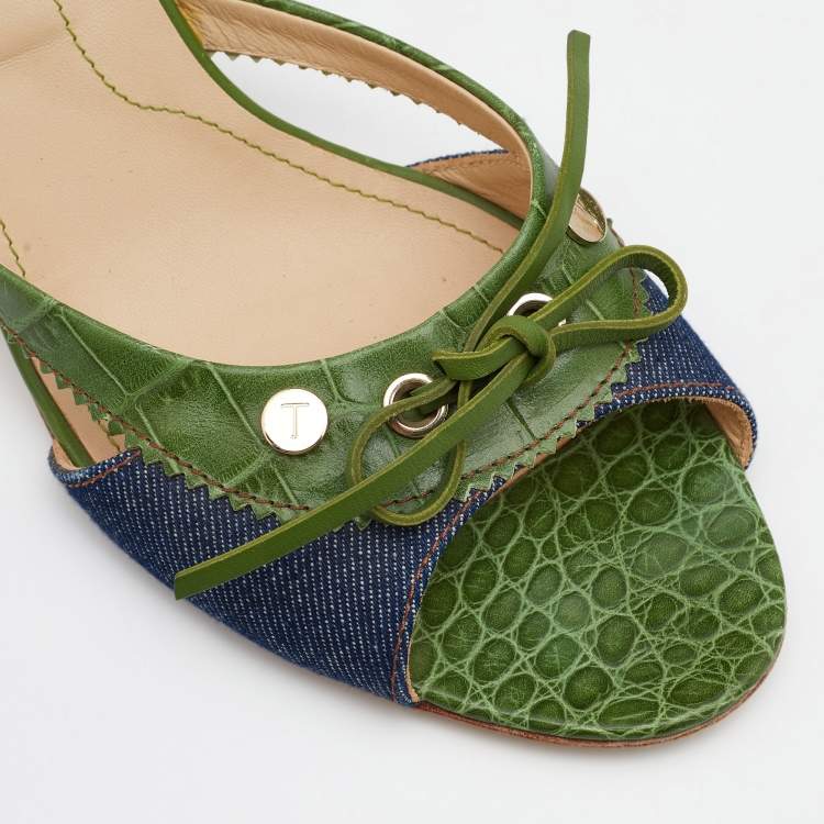 Pre Owned Tod's Green/Blue Croc Embossed Leather and Denim Bow Slide Sandals Size 40