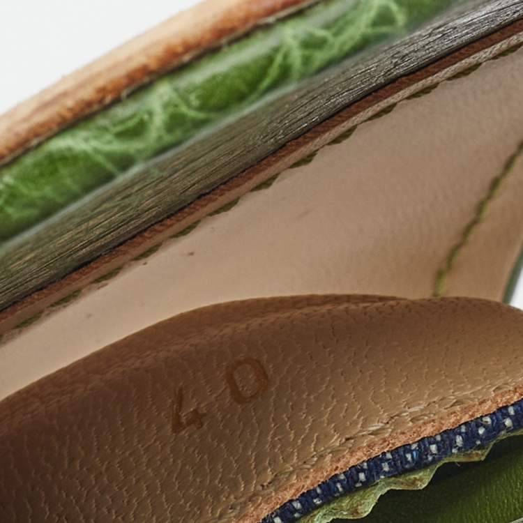Pre Owned Tod's Green/Blue Croc Embossed Leather and Denim Bow Slide Sandals Size 40