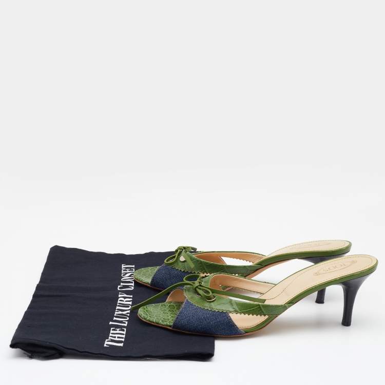 Pre Owned Tod's Green/Blue Croc Embossed Leather and Denim Bow Slide Sandals Size 40