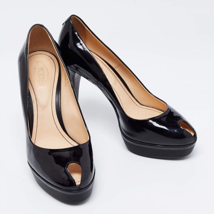 Pre Owned Tod's Black Patent Leather Peep Toe Pumps Size 36.5