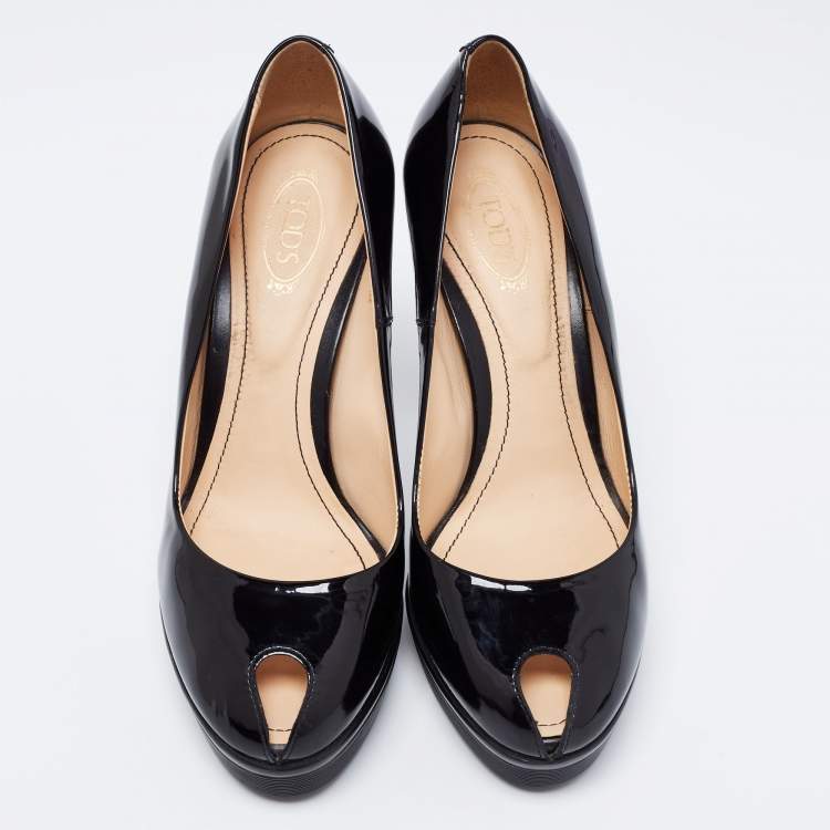 Pre Owned Tod's Black Patent Leather Peep Toe Pumps Size 36.5