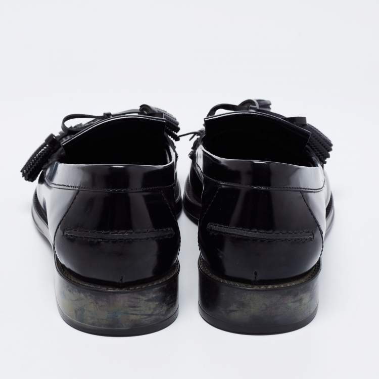 Pre Owned Tod's Black Patent Leather Tassel Bow Fringe Detail Loafers Size 37