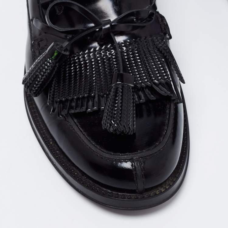 Pre Owned Tod's Black Patent Leather Tassel Bow Fringe Detail Loafers Size 37