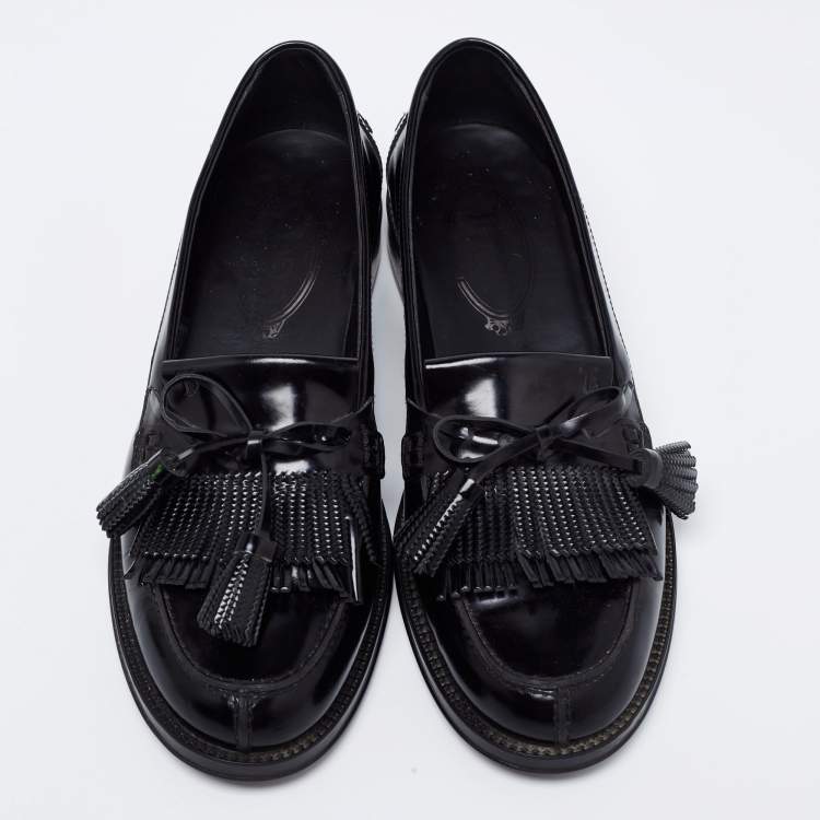 Pre Owned Tod's Black Patent Leather Tassel Bow Fringe Detail Loafers Size 37