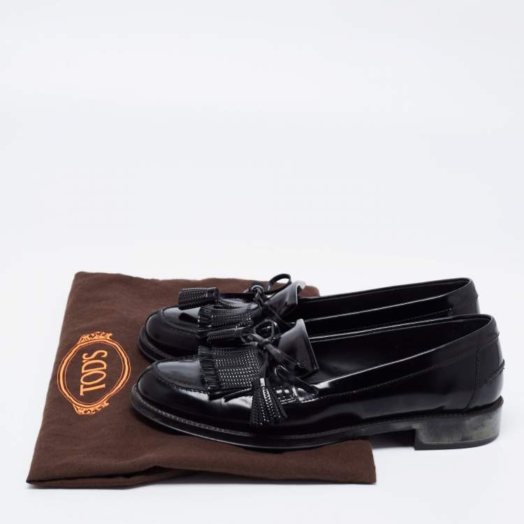 Pre Owned Tod's Black Patent Leather Tassel Bow Fringe Detail Loafers Size 37