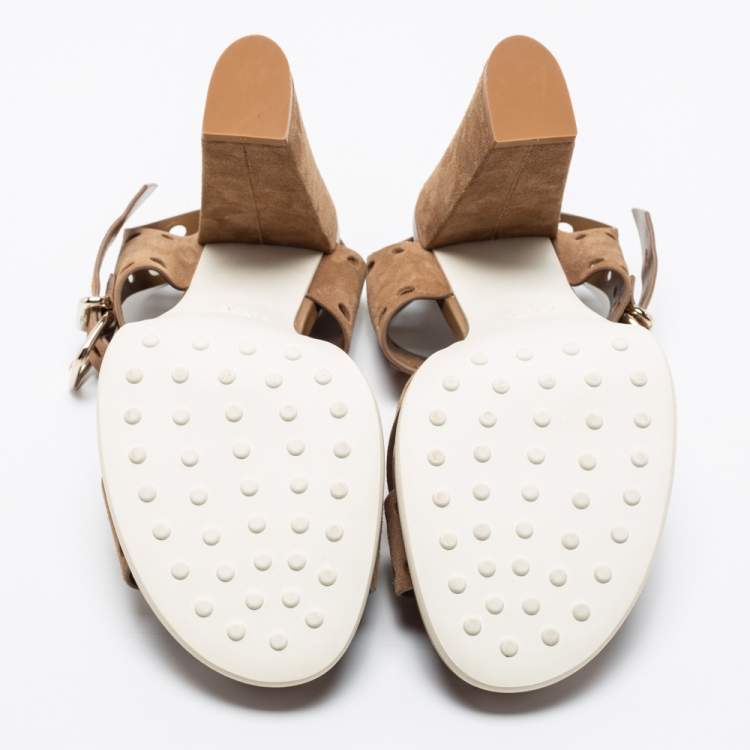 Pre Owned Tod's Brown Perforated Suede Block Heel Sandals Size 40
