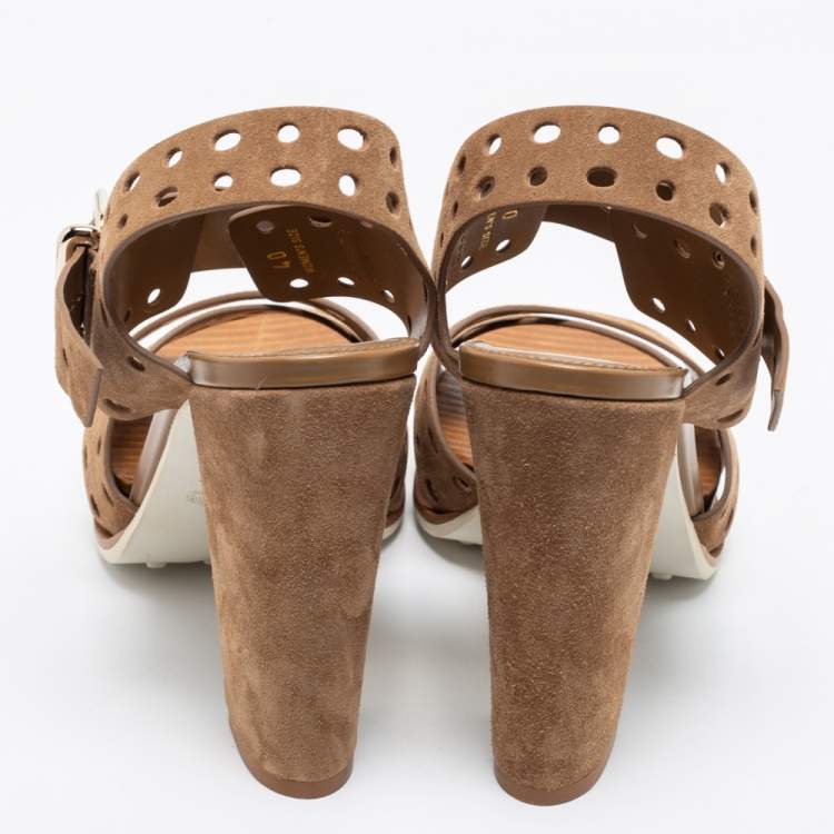 Pre Owned Tod's Brown Perforated Suede Block Heel Sandals Size 40