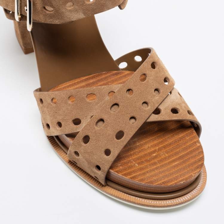 Pre Owned Tod's Brown Perforated Suede Block Heel Sandals Size 40