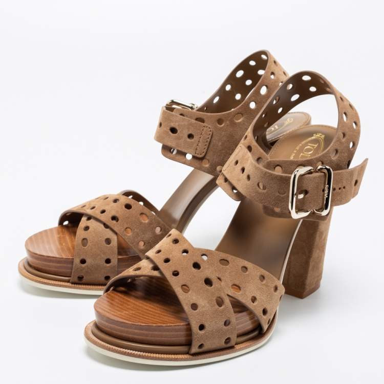 Pre Owned Tod's Brown Perforated Suede Block Heel Sandals Size 40
