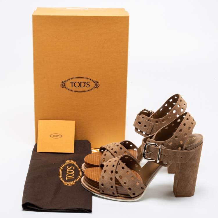 Pre Owned Tod's Brown Perforated Suede Block Heel Sandals Size 40