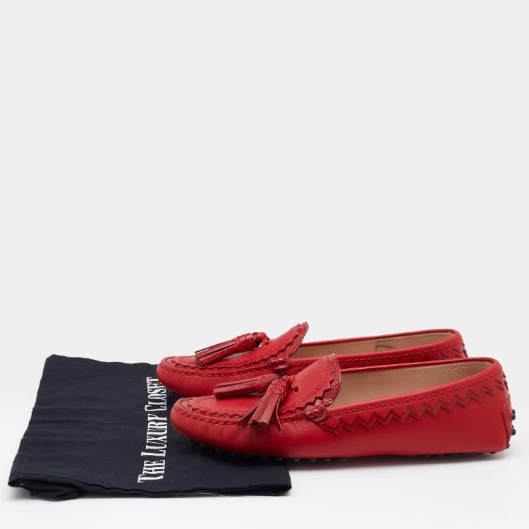 Pre Owned Tod's Red Leather Tassel Slip On Loafers Size 39